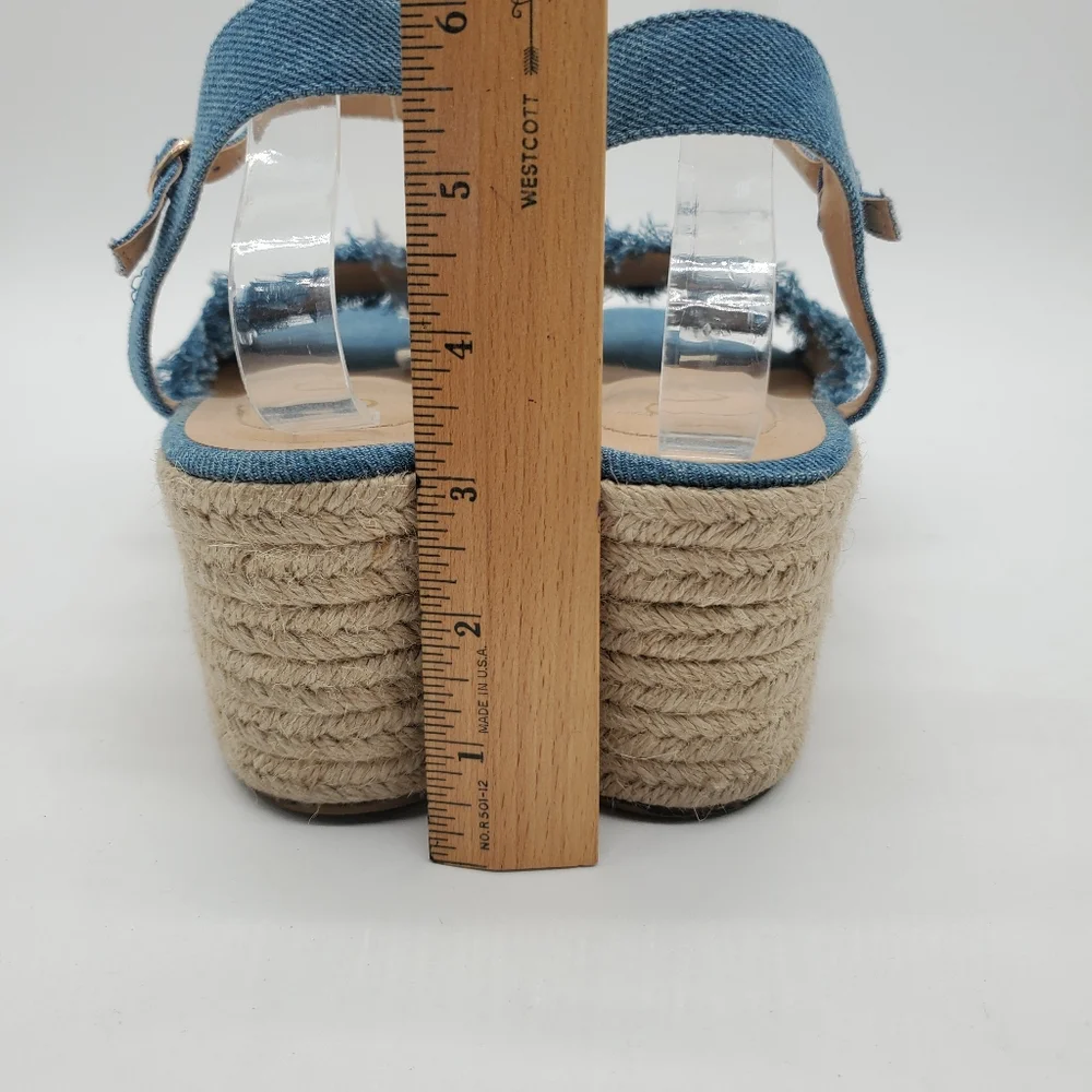 C Comfort Frayed Denim Espadrille Block Heel Platform Sandals Size 11